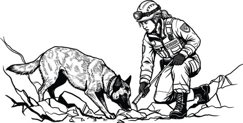 Fototapeta premium Search and Rescue Dog Team in Disaster Rubble