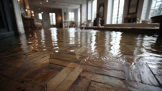 Water pooling and flooding on wood parquet flooring. The room's floor will suffer damage after the flooding occurs