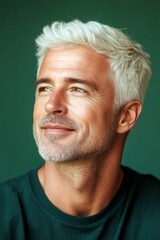 Obraz premium A joyful man with a trendy and modern hairstyle. Chic men's classic long sweep haircut - midlife white man with white hair. Green solid background. Visual idea of style for aging men.