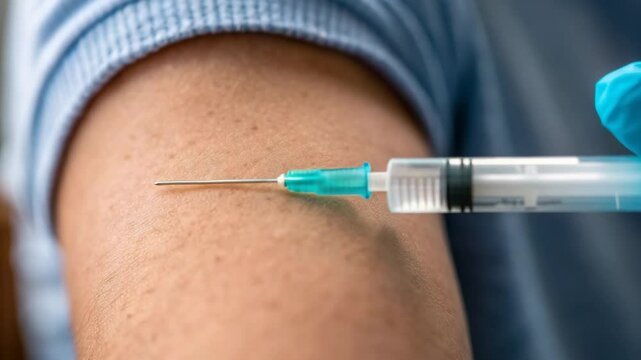 Close Up of Syringe Injection into Arm Highlighting Medical Procedure and Healthcare with Needle Focus