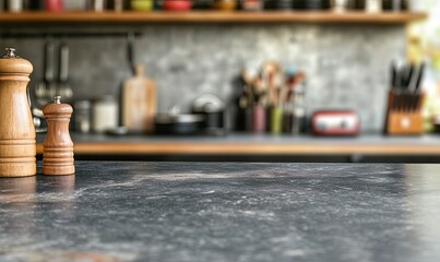 Kitchen countertop, blurred background