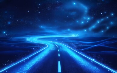 夜空の下 輝く未来への道 青い光と星が織りなすデジタル風景 宇宙空間を思わせる抽象的なデザイン