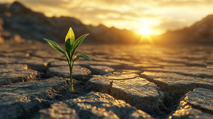 Green sprout emerges from dry cracked earth in rays of setting sun. Drought and climate change concept