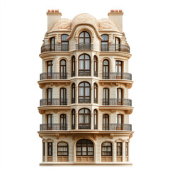Fototapeta premium Multi-story building with ornate details, multiple balconies, arched windows, and a light beige facade