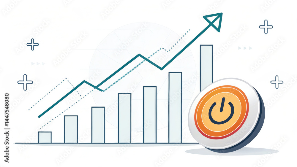Poster glowing power icon at bottom of business growth chart with upward arrow showing increasing success a