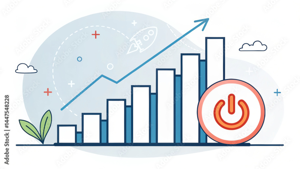 Poster glowing power icon at bottom of business growth bar chart with upward arrow and rocket symbolizing h