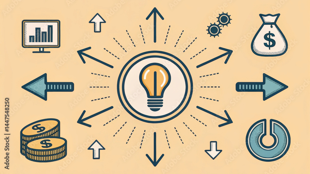 Aufkleber creative idea concept with light bulb and arrows pointing in multiple directions, surrounded by mone
