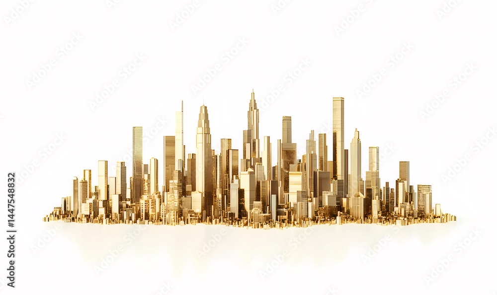 Poster 黄金色の都市景観 白い背景にそびえ立つ高層ビル群 光の反射と影が織りなす未来的な街並み