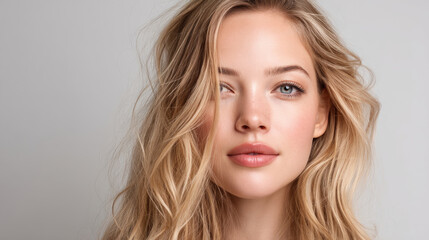 Fototapeta premium Woman with healthy, wavy blonde hair and flawless skin. Studio portrait