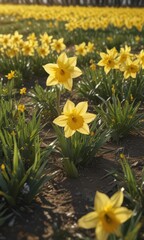 Obraz premium Glistening daffodil petals, sunny field, intense yellow blooms , sunshine, bloom, landscape
