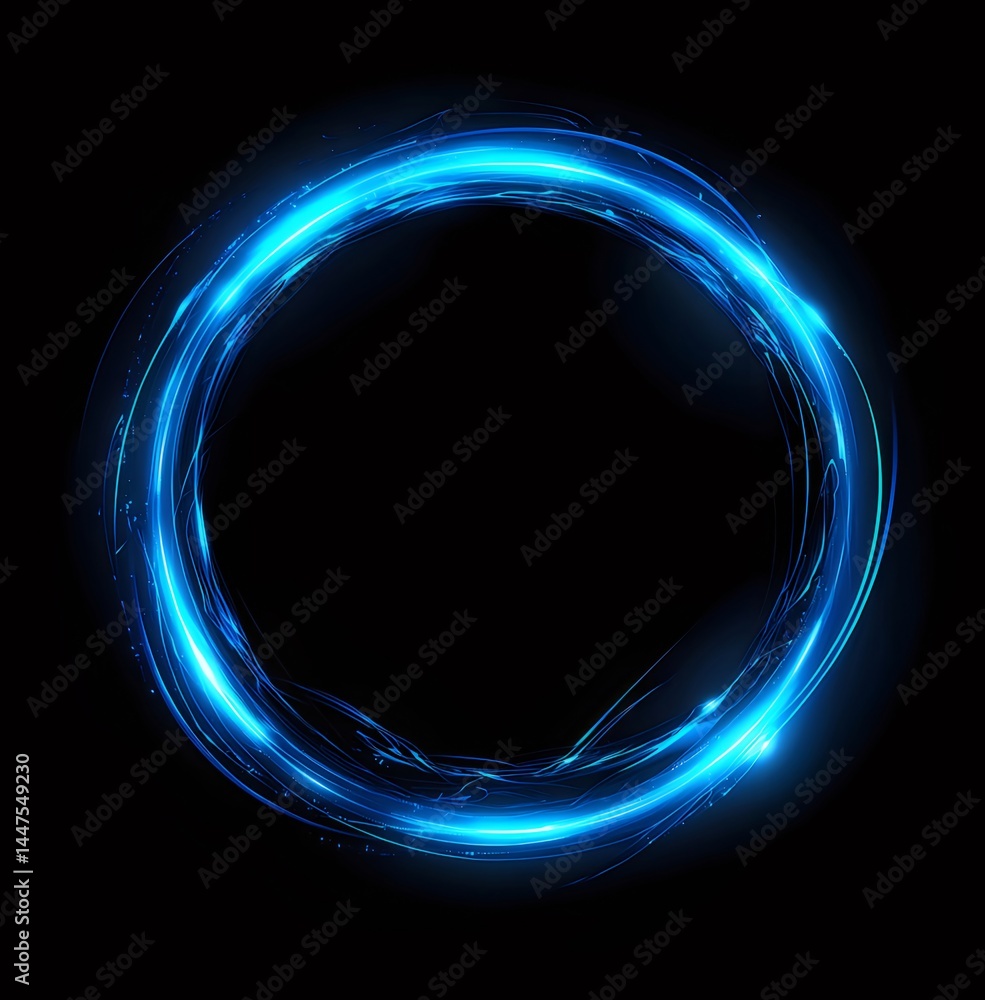 Aufkleber 暗い黒の背景に青色の光る円形の抽象デザイン 輝くエネルギーと未来的なビジュアルイメージ