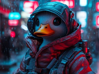 Obraz premium Duck with futuristic gear stands amidst a vibrant cityscape, enduring a rainy downpour