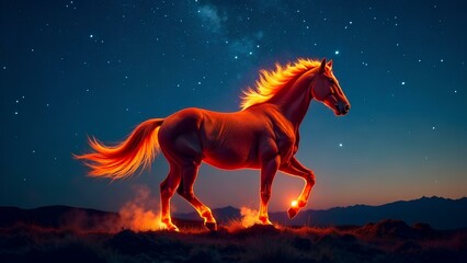 New Year's 2026 symbol, fiery horse running, night starry sky