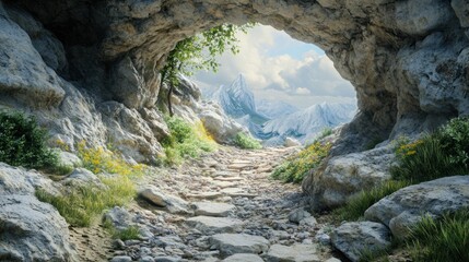 Obraz premium Mountain Path Unveiled: A Journey Through Cave's Entrance to Majestic Snowy Peaks
