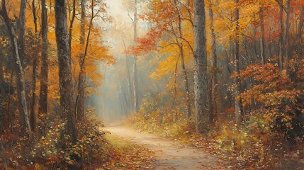 Fototapeta premium Autumnal Forest Path Sunlight Golden Hour Landscape Painting