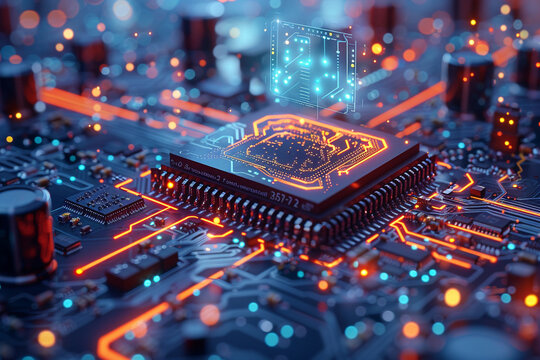 AI CPU concept showcases a mesmerizing hologram hovering above CPU, while machine learning capabilities are integrated into board with glowing tracks, all set against a captivating blue light backgrou