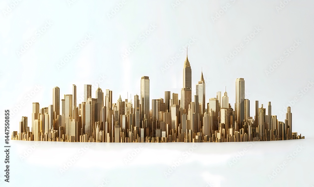 Aufkleber 金色の都市スカイライン 白背景にそびえ立つ摩天楼 3dレンダリングの都会的抽象イメージ