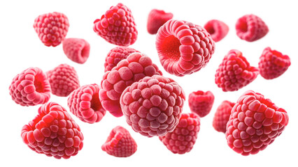 Fresh raspberries, seemingly suspended in mid-air, showcasing their vibrant red color and delicate texture.Isolated on Transparent Background, No Background. 