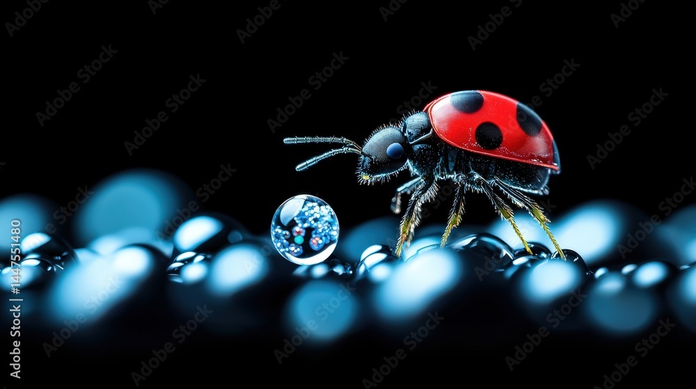 Poster close-up view of a ladybird beetle on a black background highlighting its distinctive red