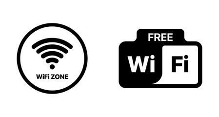 Free WiFi zone icons set, Wireless internet symbols, WiFi access badges, connectivity signs, network labels, internet service icons, digital connection symbols