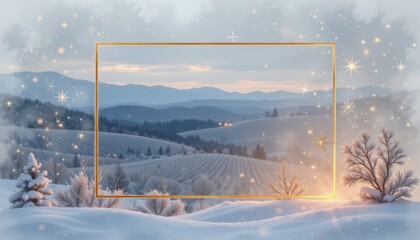 Winter Landscape with Golden Frame and Snowflakes