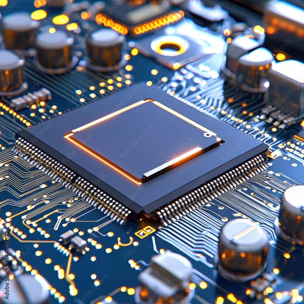 Poster cpu chip mounted on a printed circuit board illustrating the connection between technology and desig