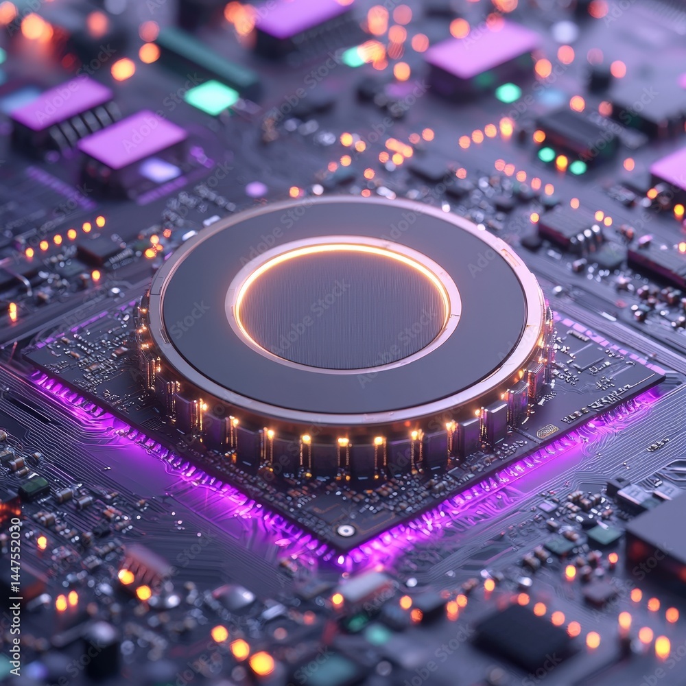 Poster high-tech cpu chip showcasing intricate circuitry and advanced technology in a modern design