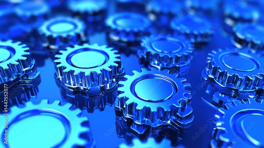 Poster collection of blue gears highlighting intricate mechanisms and engineering design in a dynamic arran