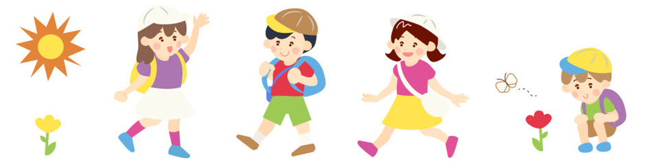 Happy School Children Walking Outdoors on a Sunny Day
