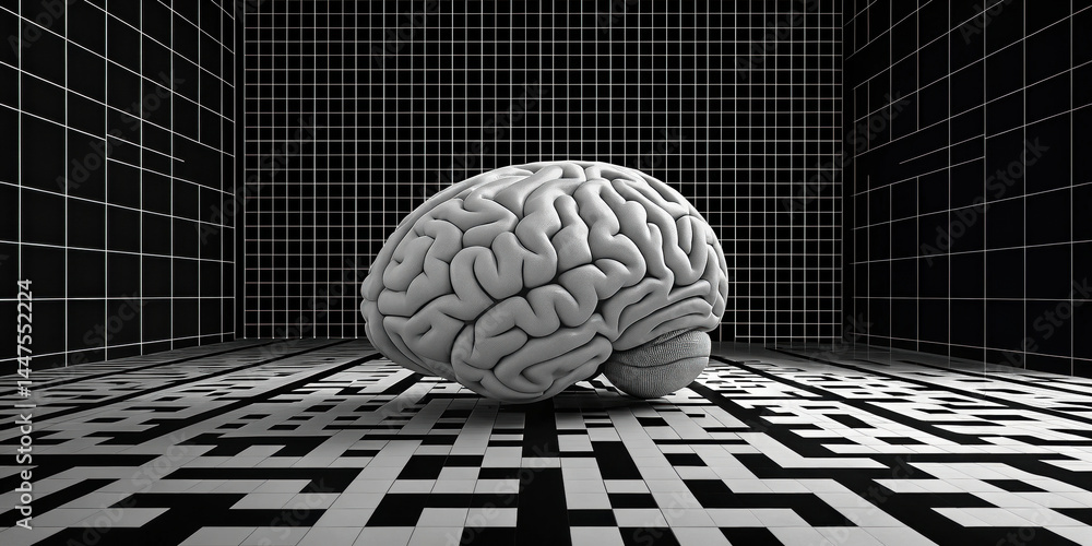Poster detailed 3d model of human brain placed in black and white grid room with maze like patterned floor,