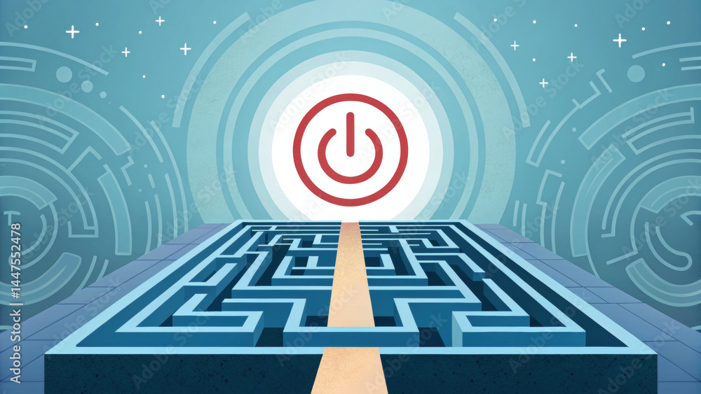 Poster power button symbol glowing above blue maze with clear path leading to it, representing solution, te