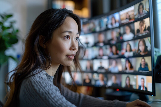 An industrious Asian woman actively participates in a productive virtual conference meeting, seamlessly connecting through a video call from comfort of her well equipped home office    
