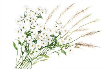 Bright White Alyssum Blooms Intertwined with Fountain Grass in Watercolor