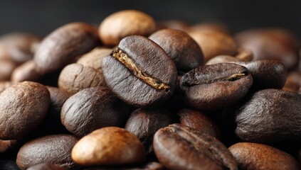 Obraz premium Pile Fresh Coffee Beans Macro, Roasted Aroma, Freshly Ground Essence, Intense Flavor with Texture