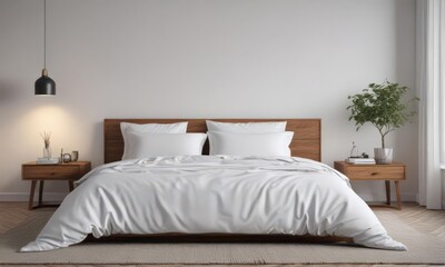 King-size bed, crisp white linens, minimalist Scandinavian bedroom ,  comfort,  bedroom,  pillowcases