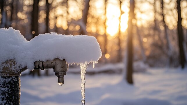 Winter Wonderland Featuring a Snow-Covered Outdoor Faucet Dripping Water