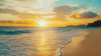 Obraz premium Sea ocean beach sunset sunrise landscape outdoor. Water wave with white foam. Beautiful sunset colorful sky with clouds. Natural island panoramic background. Idyllic amazing tropical island shore Pro 