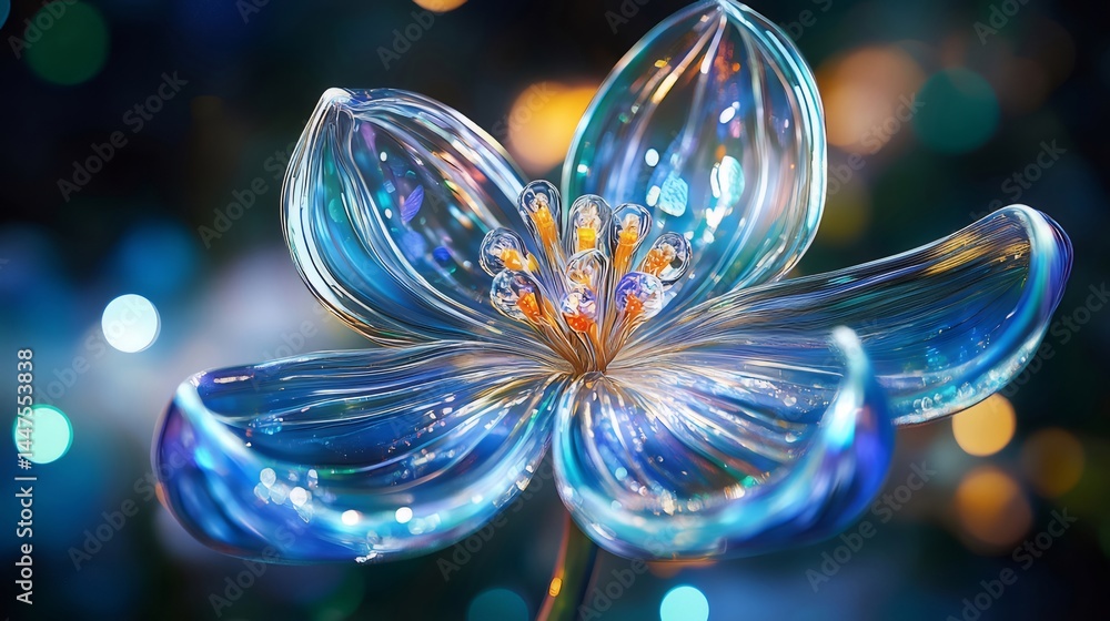 Poster 青い透明な花のマクロ撮影 輝く装飾的な背景に 繊細な花びらと詳細な構造