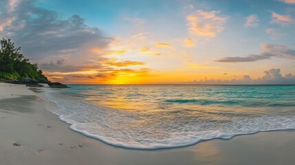 Fototapeta premium Sea ocean beach sunset sunrise landscape outdoor. Water wave with white foam. Beautiful sunset colorful sky with clouds. Natural island panoramic background. Idyllic amazing tropical island shore Pro 