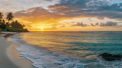 Fototapeta premium Sea ocean beach sunset sunrise landscape outdoor. Water wave with white foam. Beautiful sunset colorful sky with clouds. Natural island panoramic background. Idyllic amazing tropical island shore Pro 