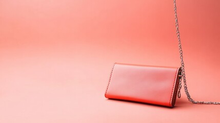 Elegant pink clutch purse with chain strap on soft pastel pink background for fashion accessories and stylish evening event or party wear