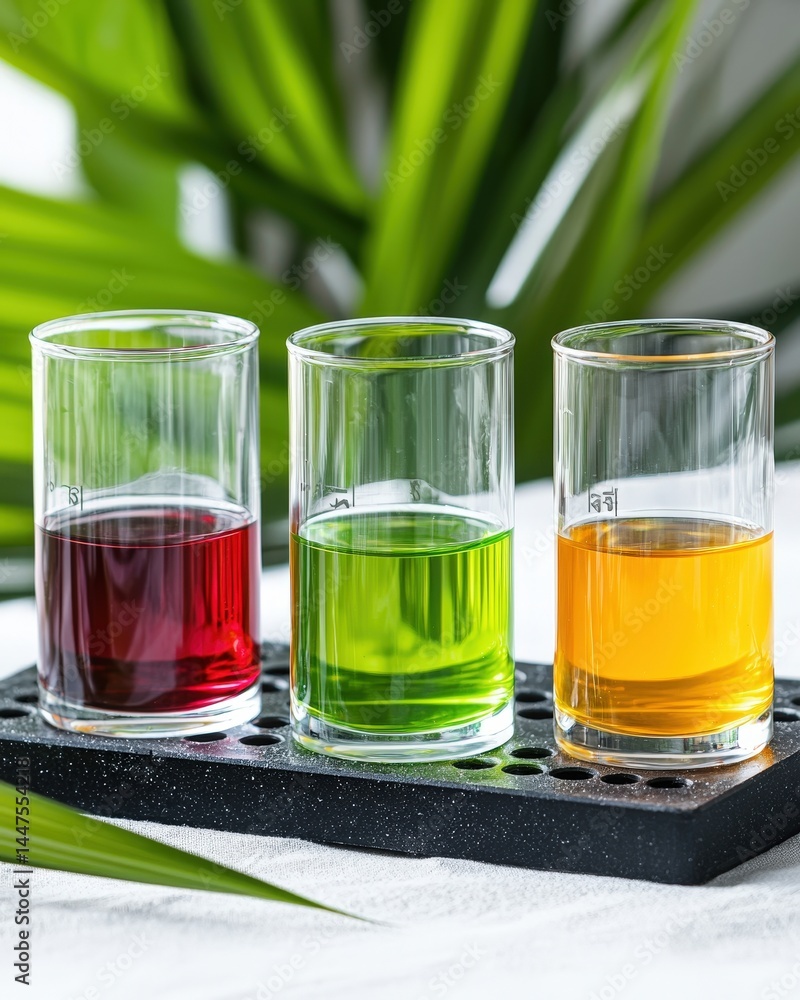 Poster trio of glasses filled with different colored liquids creating a vibrant and eye-catching display