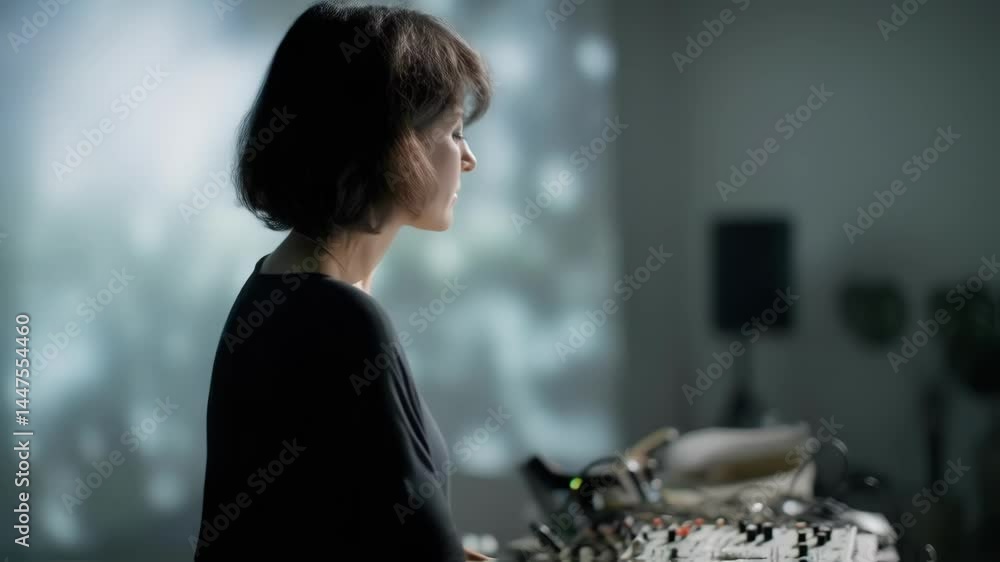Poster professional musician focusing intently on synthesizer performance, illuminated by dreamlike project