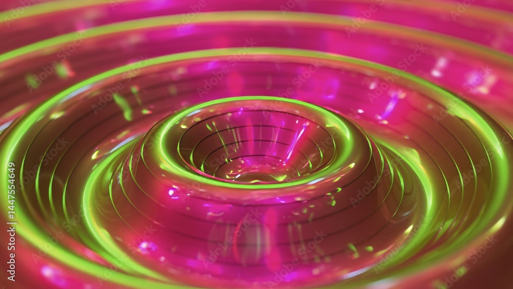 Poster iridescent metallic concentric ripples pulsing in pink and green, generating mesmerizing visual dyna
