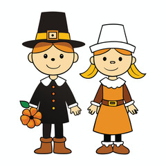 Cheerful Pilgrim kids in traditional attire celebrate Thanksgiving with gratitude, sharing food and joy with family and friends.