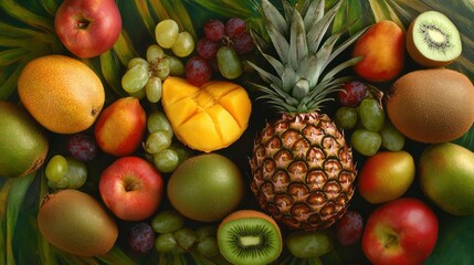 Diverse Fresh Fruit Variety Composition Featu Pine Mango Grapes Kiwi Pear Banana Orange Papaya Melon and Berries for Healthy Diet and Nutrition