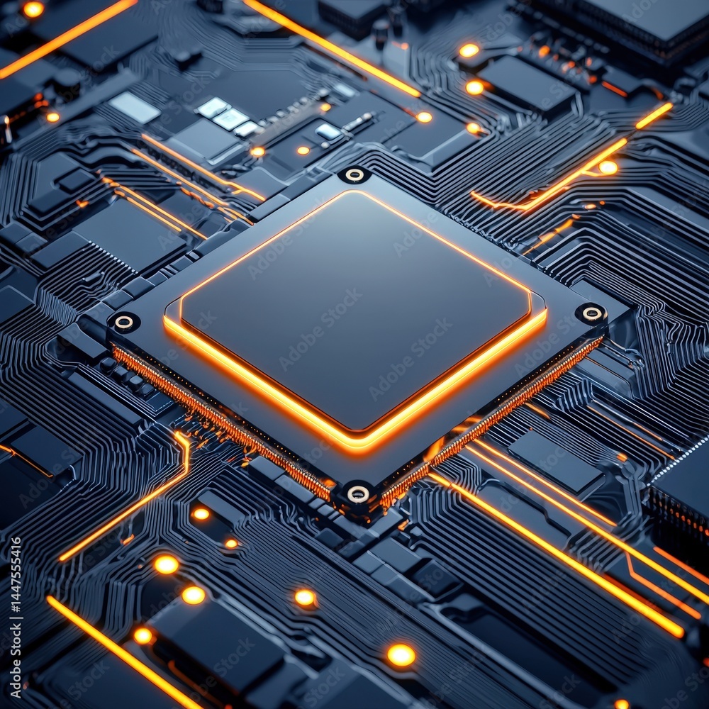 Poster high-resolution close-up of a computer chip with detailed patterns and electrical connections visibl