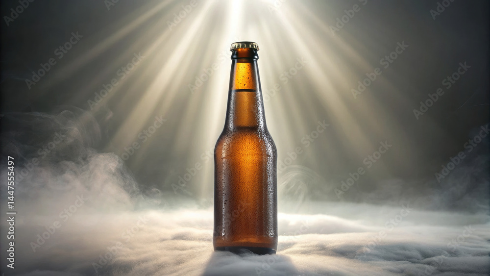 Poster cold beer bottle with condensation standing on foggy surface with bright light rays shining down, cr