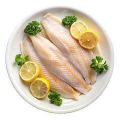 Delicate white fish fillets with fresh lemon and parsley on white plate