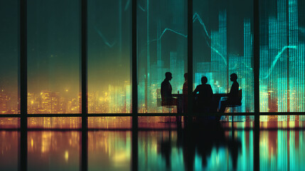 Silhouetted businesspeople meet at night, city lights and financial data displayed on window, showcasing corporate strategy and urban landscape